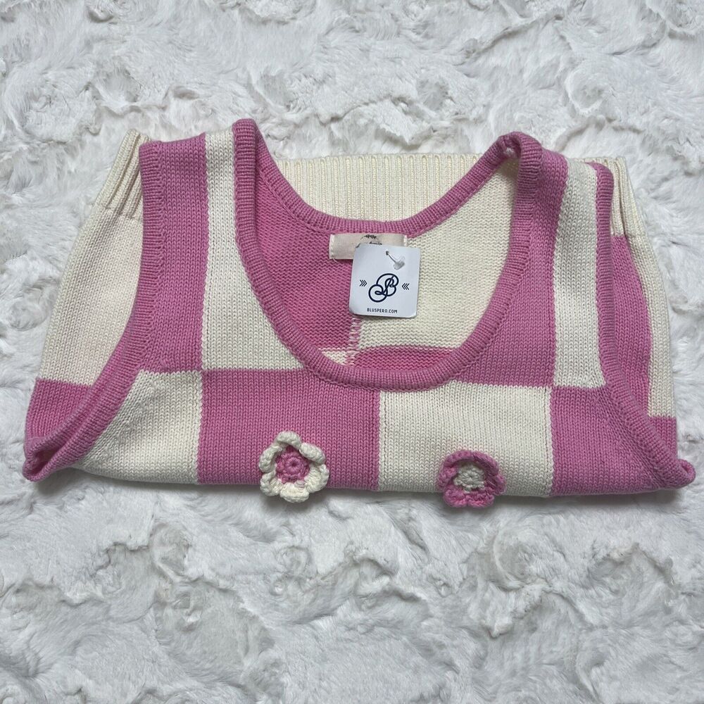 Entro Women's Pink White Crochet Detail Flowers Stretch Knit Top Size M - Picture 7 of 7